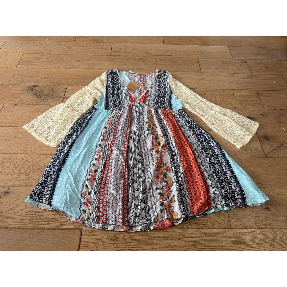 Kori America Boho Patchwork Floral Lace Bell Sleeve Dress Size M (627)